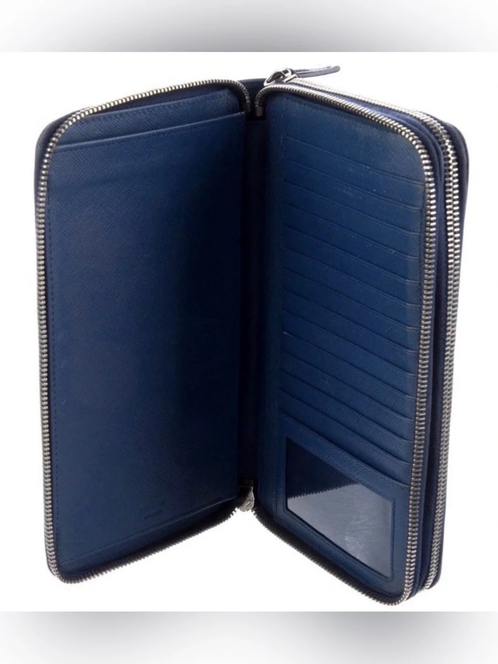 Prada Saffiano Lux Blue Leather Zip Around Wallet Organizer Card Holder Italy